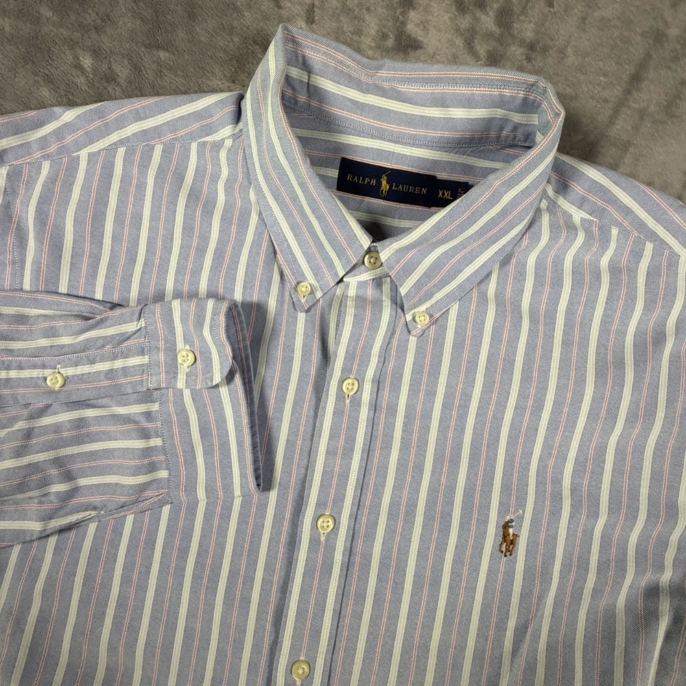 Ralph Lauren Shirt Men XXL Blue Striped Long Sleeve Oxford Cloth Flesh Pony OCBD